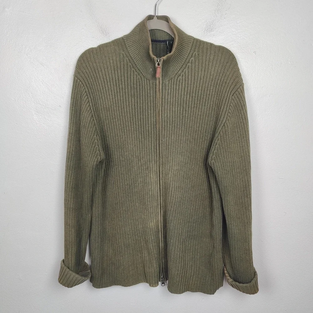 Vintage J. Crew Ribbed Cardigan Sweater Mens Medium Olive Green Cotton Full Zip